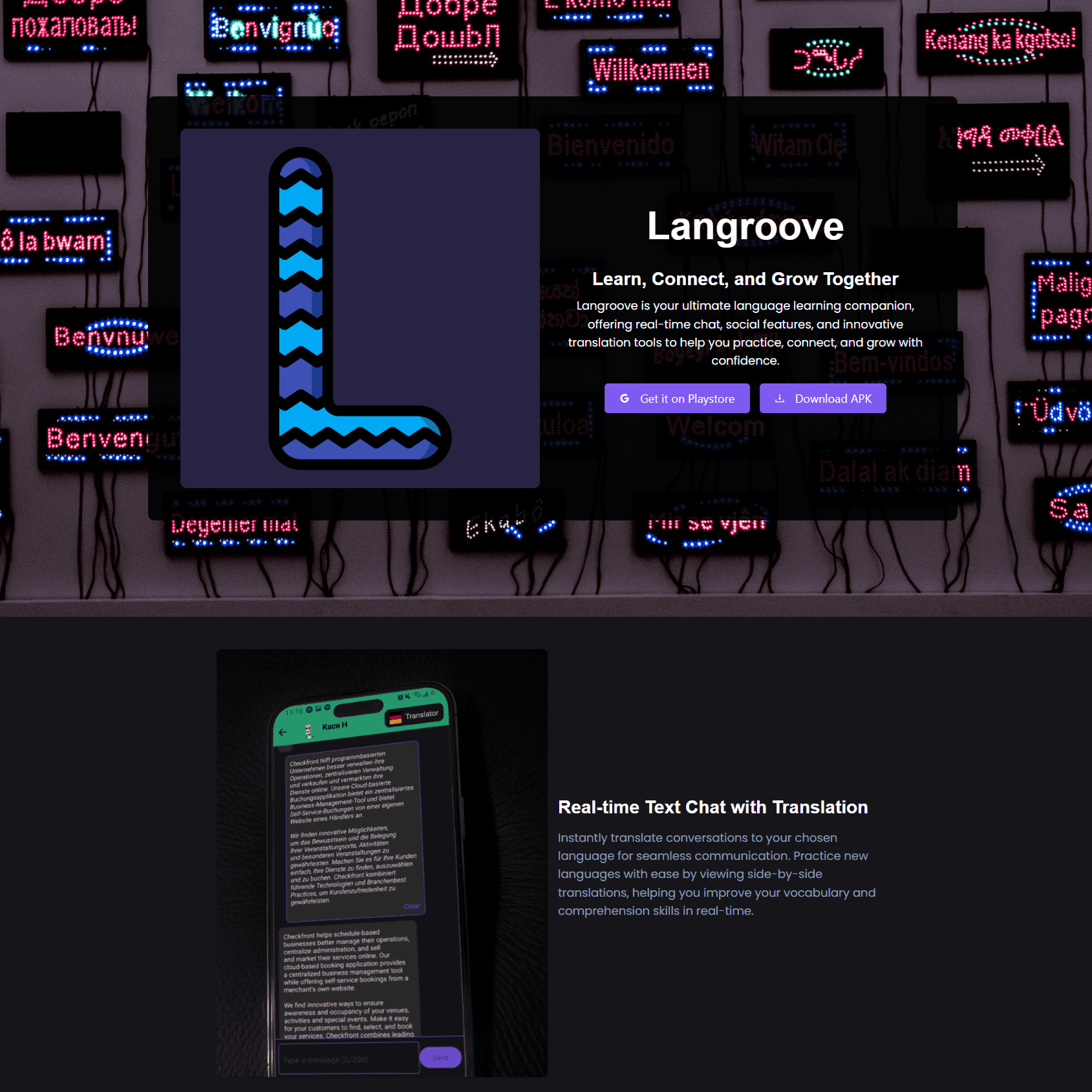 Langroove landing page screenshot