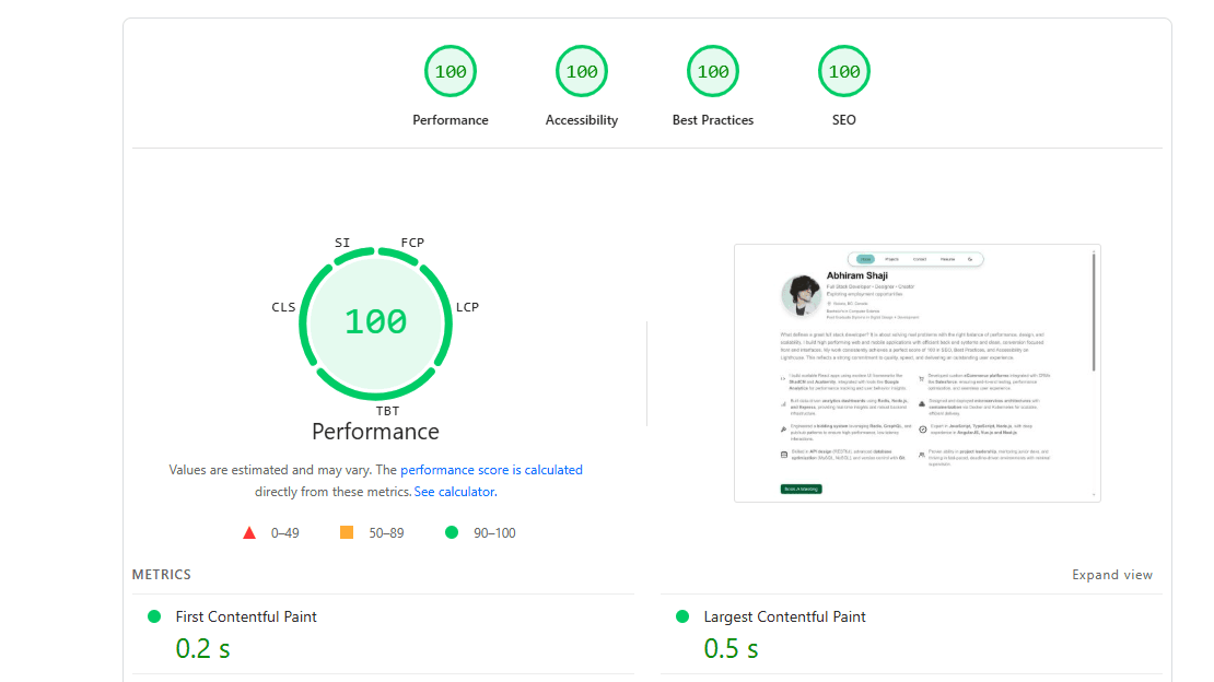 PageSpeed Insights report showing perfect 100 scores across all categories